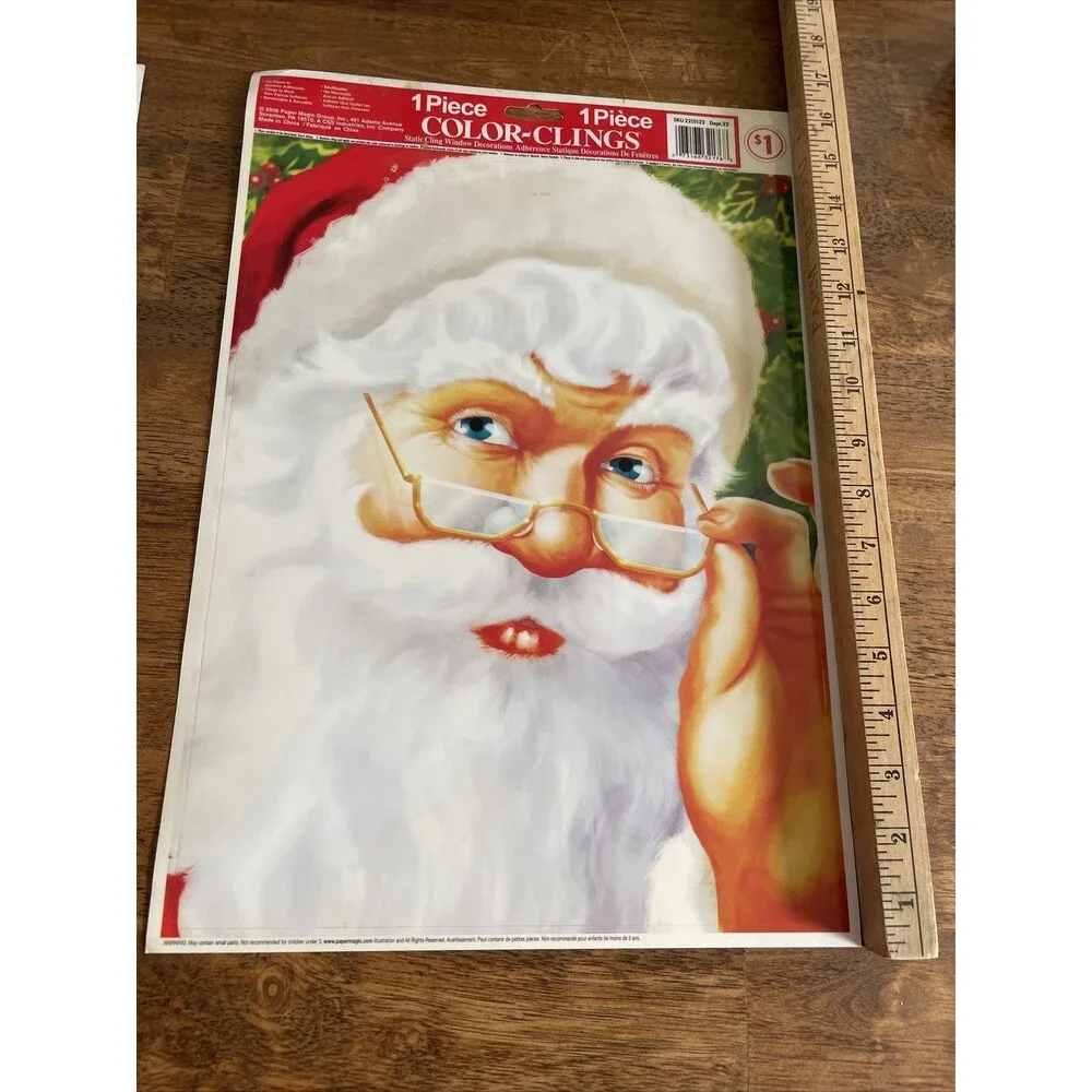 3 Vintage Christmas Vinyl Window Clings Santa Face Reindeer Sleigh Presents CUTE